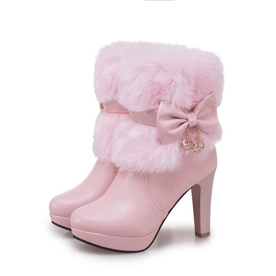 Women Boots Autumn Winter Warm Fur 2018 New Sexy Fashion Pu Mid-calf Motorcycle Snow Boots Black Pink White High-heeled Shoes