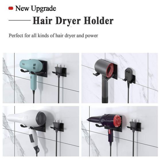 XIGOO Hair Dryer Holder Self Adhesive - Wall Mount Bathroom Hair Blow Dryer Rack Organizer Fit for Most Hair Dryers (Upgrade Black)