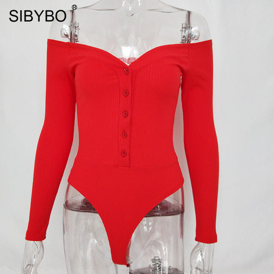 Sibybo Off Shoulder Strapless Skinny Women Bodysuits V-Neck Long Sleeve Button Sexy Romper Women Autumn Winter Bodysuit Jumpsuit