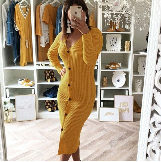 Casual Knit Rib Women Dress Elegant Solid Button Cardigan Sexy O Neck Bodycon Midi Dress Women Autumn Basic Soft Dress Vestidos