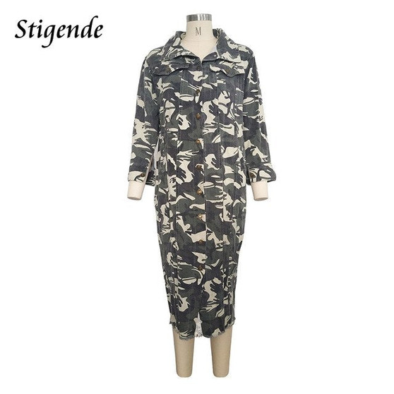 Stigende Women Camouflage Print Turn Down Collar Trench Femme Autumn Casual Long Top Outwear Long Sleeve Button Trench Coat