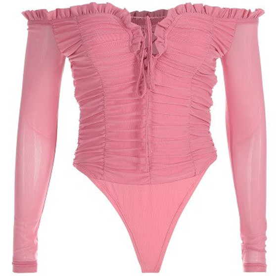 Uvkkc Women Sexy Bodysuit 2019 Spring Mesh Ruffles Off Shoulder Patchwork Long Sleeve Bodycon Pink Solid Bodysuit For Women