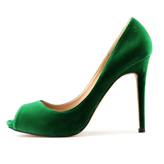 LOSLANDIFEN Women Flock Pumps 11CM Thin High Heels Peep Toe Shoes 2019 Slip-on Office Lady Pumps Green,Red,Black,Blue