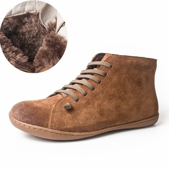 100% Genuine leather cow suede casual ankle women winter Boots Comfortable quality soft handmade flat Shoes with fur black grey