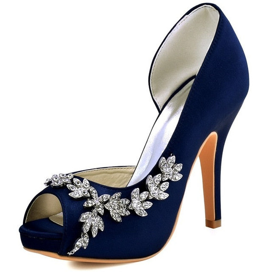 Women Shoes Wedding Bridal Platform High Heel Ivory White Crystal Peep toe Bride Bridesmaid ladies Prom Pumps Navy Blue HP1560IA