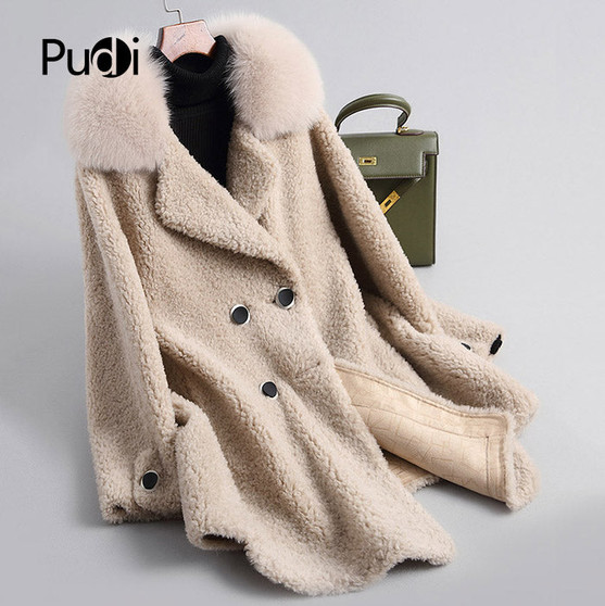 PUDI A18110 women's winter real wool overcoat warm jacket real fox fur girl coat lady Long jacket overcoat