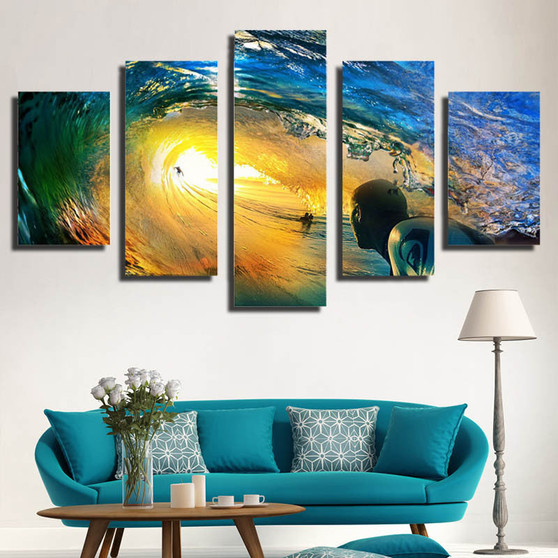 HD PRINTED SEA OF WAVE SURFING 5 PIECE CANVAS