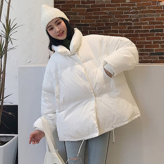 Style Winter Jacket Women Stand Collar Solid Black White Female Down Coat Loose Oversized Womens Short Parka