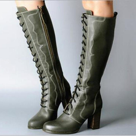 Women Stitching High Heels Lace-Up Casual Boots