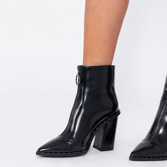 Thick High Heel Pointed Toe Front Zipper Boots
