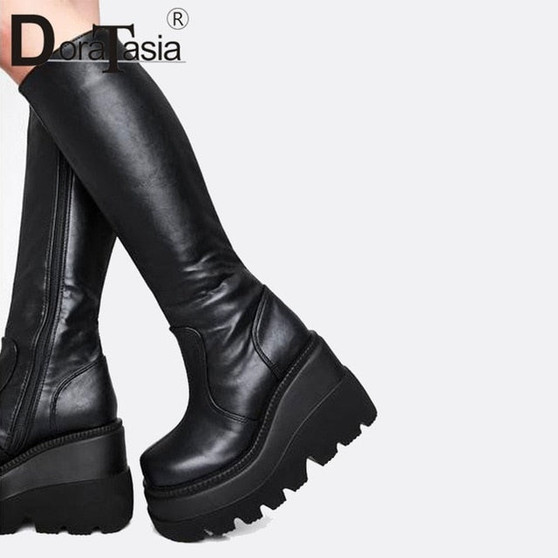 DORATASIA Big Size 35-43 Brand Design Ladies High Platform Boots Fashion Zip High Heels Boots Women 2020 Wedges Shoes Woman