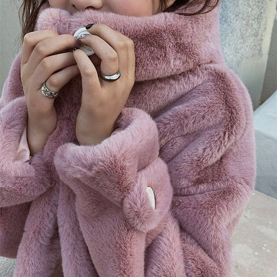 Faux Fur Coat Women 2020 Casual Korean Hoodies Furry Thick Bat Sleeved Warm Long Faux Rabbit Fur Jacket Loose Winter Coat Women