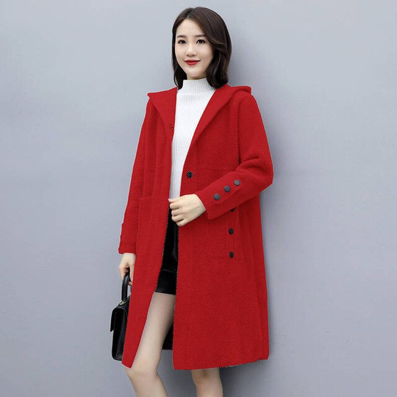 Women 2020 Autumn Winter Loose Casual Hooded Imitation Mink Cashmere Knit Long Cardigan Sweater Female Thicken Warm Sweater G548