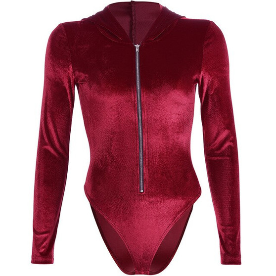 Fashion Sexy Bodysuits Vintage Skinny Burgundy Gold Velvet Zipper Hooded Shorts Jumpsuits Rompers Sexy Retro Goth Bodysuits Top