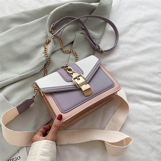 Fashion chain lady Sling bag Panelled color PU Leather Crossbody Bag For Women 2020 new Wide strap Shoulder Messenger Bag Ladies