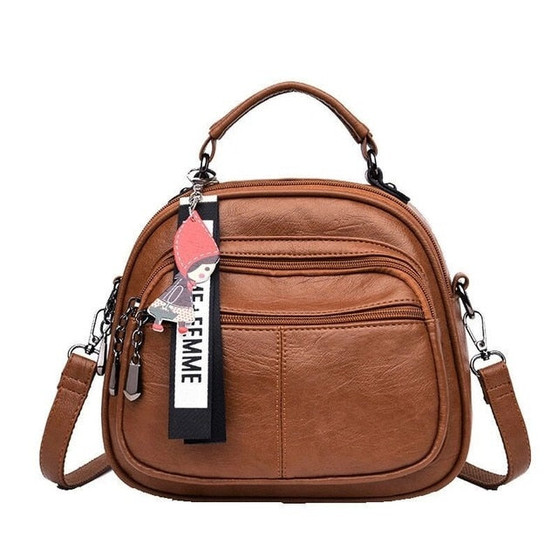 Women Small Backpack Female Vintage Retro Soft Leather Multi-Pocket Backpack Women Shoulder Crossbody Multifunctional Backpack