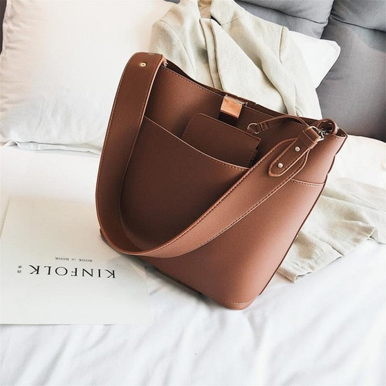 Casual Large Buckets Bag For Women Designer Wide Strap Shoulder Bags Luxury Pu Leather Crossbody Bag Lady Big Totes Female Purse