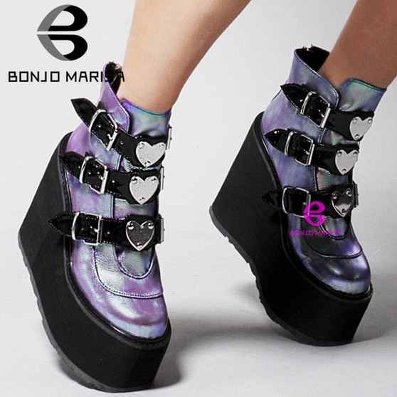 BONJOMARISA Dropshipping INS Hot Brand High Platform Ankle Boots Women 2020 Fashion PVC Strap Decorating High Wedges Shoes Woman
