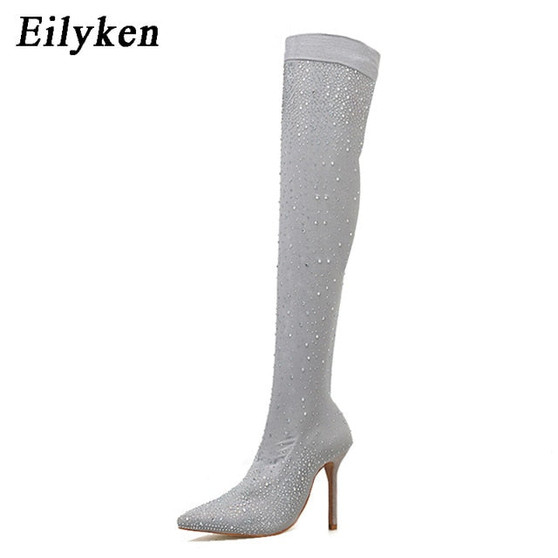 Eilyken 2021 Fashion Runway Crystal Stretch Fabric Sock Boots Pointy Toe Over-the-Knee Heel Thigh High Pointed Toe Woman Boot
