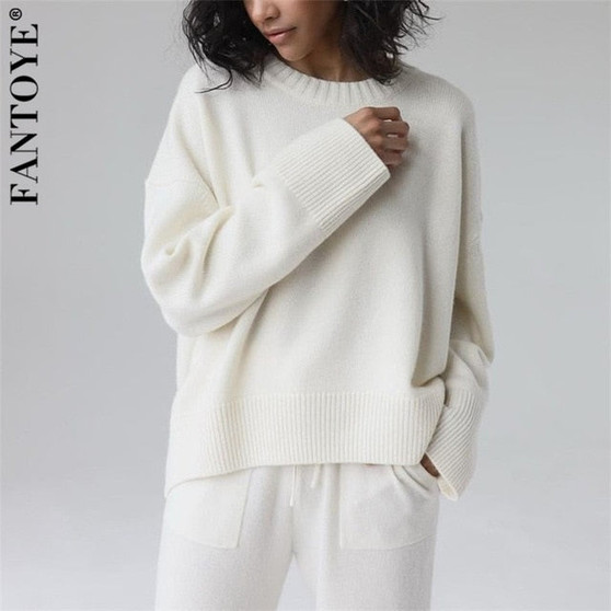 FANTOYE Winter O Neck Rib Knitted Women Sweaters Classic Long Sleeve Basic Pullover Casual Loose Warm Women Clothing Streetwear