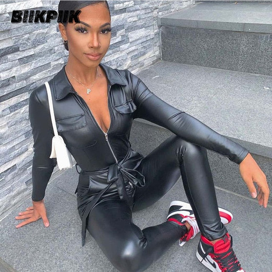 BIIKPIIK Zipper Skinny Jumpsuits Women Bodycon Leather Clothing Workout Overalls Casual Fashion Outifits Vintage Jumpsuit