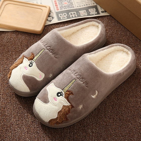 Winter House Fur Slippers Women Warm Cotton Shoes Cute Cartoon Hedgehog Unicorn Indoor Bedroom Non-slip Ladies Furry Slides