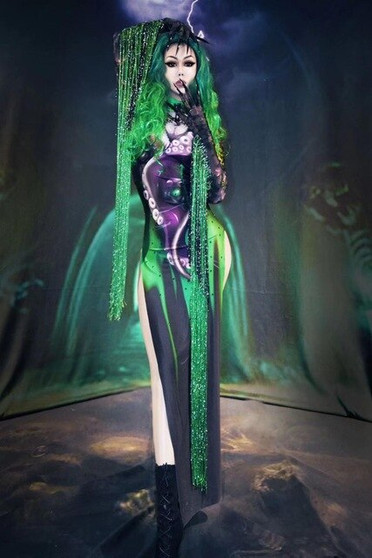 Nightclub Bar Stage Dance Costume Halloween Cosplay Party Green Fringe False Print Cheongsam Dress Female Festival Outfit DT1684