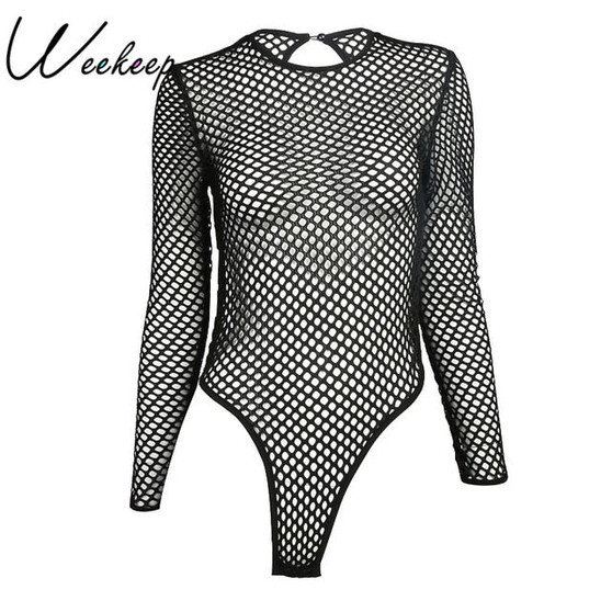 Weekeep 2017 New Sexy Hollow Out Mesh Bodysuits Black Backless Long Sleeve Bodysuit Women Beach Wear Rompers Womens Jumpsuit