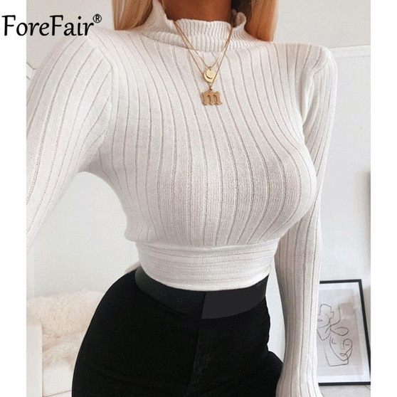 Forefair Turtleneck Long Sleeve White Short Top Bandage Women Autumn Winter Casual Sexy Elegant Crop T Shirt Lady Slim Clothes