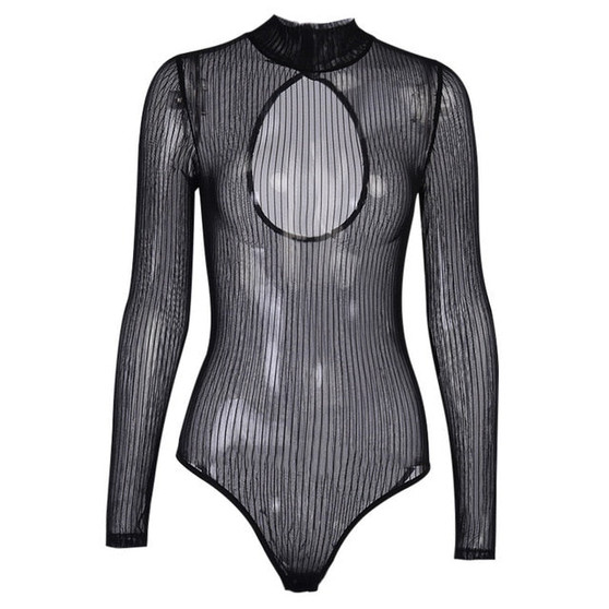 Summer Women's Mesh Striped Transparent Bodysuit Sexy Nightclub Turtleneck Backless One-Piece Skinny Rompers Hollow Out Bodysuit