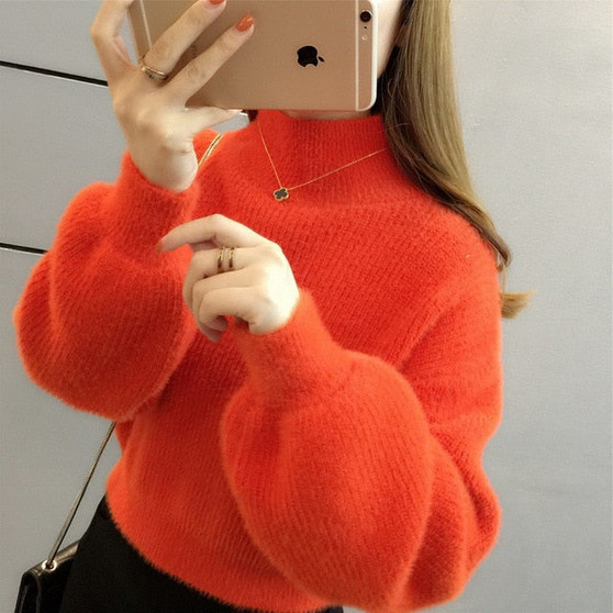 Women Winter Water Velvet Korean Warm Turtleneck Sweater Mohair Female Sweater Lantern Sleeve Casual Solid Color Pullover