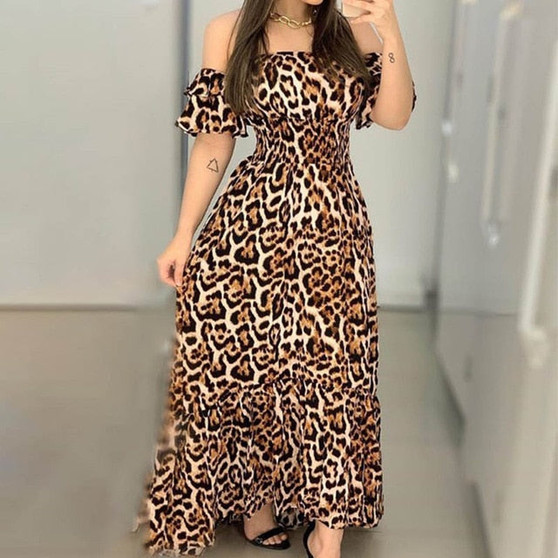 Women Elegant Off Shoulder Long Party Dress 2020 Autumn Vintage Chain Print Maxi Dresses Lady 4XL Sexy Short Sleeves Beach Dress