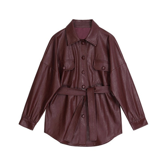 [EAM] 2020 New Spring Autumn Lapel Long Sleeve Wine Red Pu Leather Belt Loose Big Size Jacket Women Coat Fashion Tide JX453