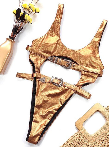 LOVE & LEMONADE Sexy Gold Metal Button Cut Out Swimsuit LMSW06