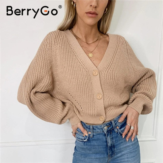 BerryGo Sexy v-neck women knitted cardigan Casual button bat sleeve white sweater cardigan Autumn winter loose knit sweater coat
