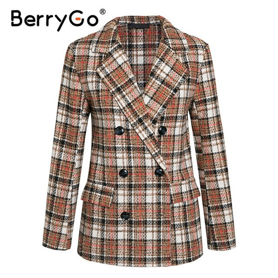 BerryGo Elegant autumn winter plaid women blazer Causal long sleeve tweed suit blazer Office ladies tailored collar women coat