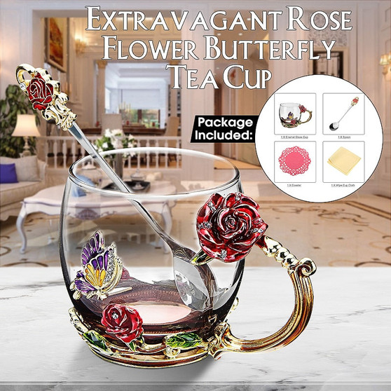 1Set Enamel Coffee Cup Rose Mug Flower Tea Drinking Glass Cups With Handle For Hot And Cold Drinks With Cap Pad Wipe Cloth