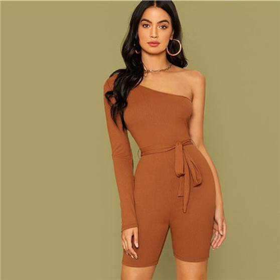 SHEIN Brown One Shoulder Rib-knit Belted Cycling Romper Women Playsuit Autumn Solid Mid Waist Skinny Party Sexy Playsuits