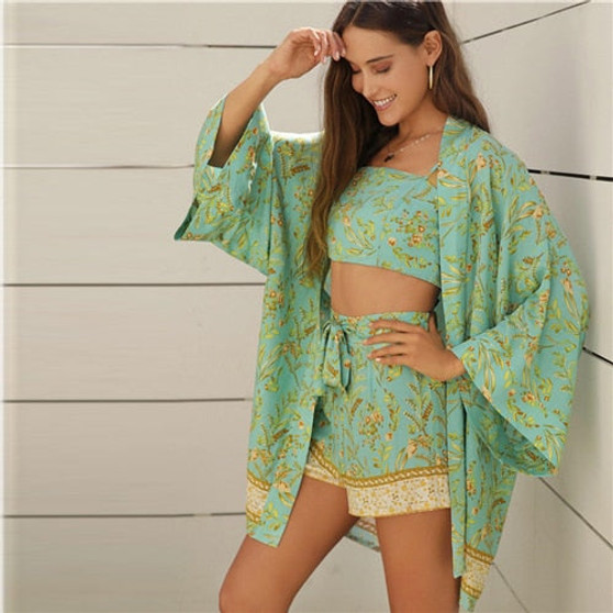 SHEIN Green Botanical Print Crop Cami Top and Tie Front Shorts Set With Kimono Outfits Women Summer Boho Two Piece Sets