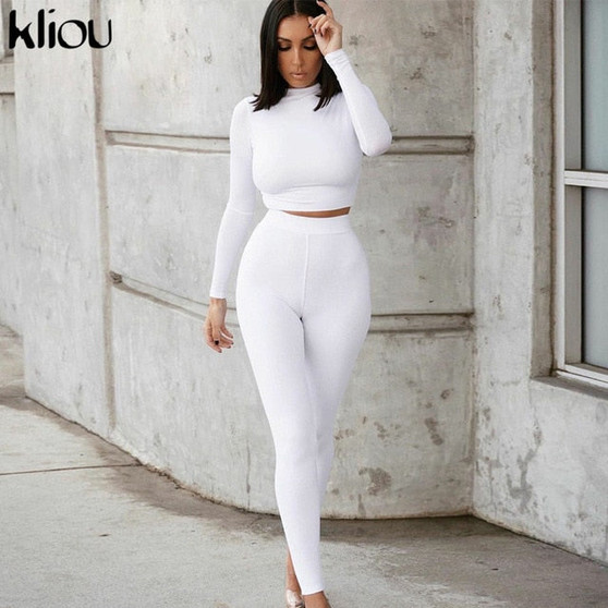 Kliou fashion tracksuit women turtleneck full sleeveless crop top+leggings matching set stretchy sporty fitness casual outfits