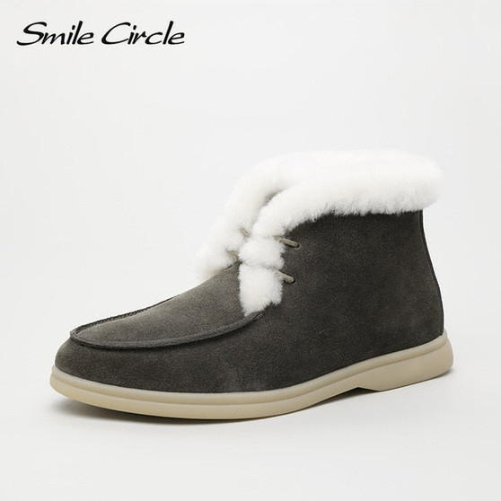 Smile Circle Ankle boots cow-suede-leather boots natural-fur Warm winter boots Slip-on Casual Comfortable snow boots women