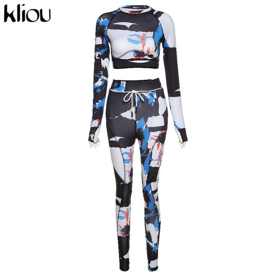 Kliou women skinny patchwork tracksuit 2 piece outfits long sleeve crop top sporty leggings matching set casual fitness clothes