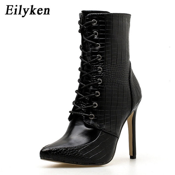 Eilyken Snakeskin grain Ankle Boots For Women High heels Fashion Pointed toe Ladies Sexy shoes 2020 New Lace-Up Boots Size 35-42