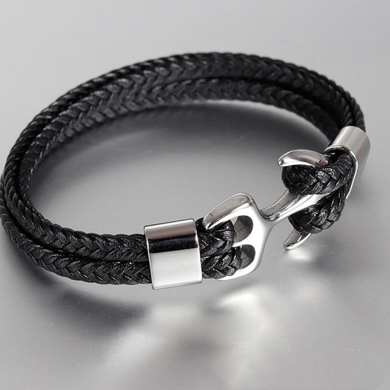 High Quality Men's Titanium Steel Bracelet Black Personality Leather Woven Anchor Leather Bracelet Rope Bracelet For Men Gift