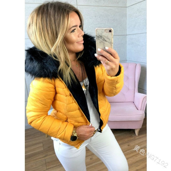 WEPBEL New Jackets Winter Slim Women Casual Jackets Zipper Coat Solid Color  Female Short Paragraph Large Fur Collar Clothing