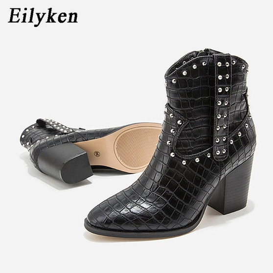 Eilyken Women Black Ankle Boots Pu leather Rivet High Heel Shoes Female Autumn Square Heels Platform Pointed Toe Boots