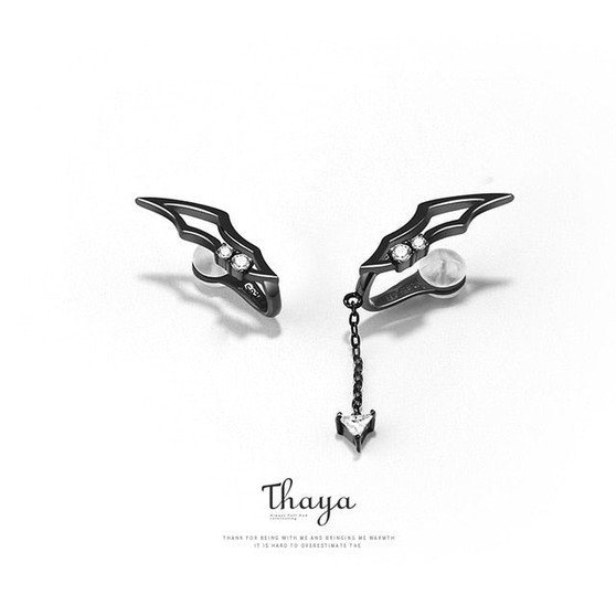Thaya Real Silver 925 Earrings Korean Black Wings Crystal Clip On Earrings For Women Girl Without Piercing Gifts Fine Jewerlry