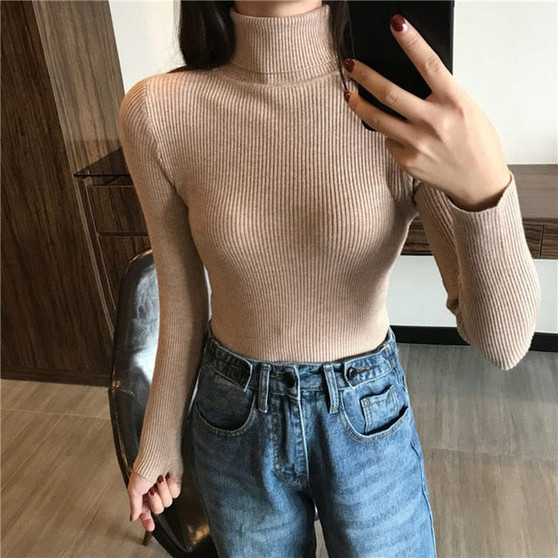 2020 Autumn Winter Thick Sweater Women Knitted Ribbed Pullover Sweater Long Sleeve Turtleneck Slim Jumper Soft Warm Pull Femme