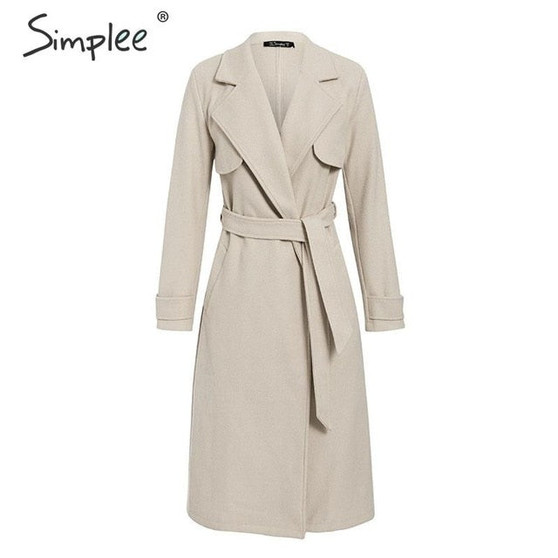Simplee Wool blend winter tweed coat women Long sleeve elegant sash belt female outwear coat Autumn winter streetwear coat