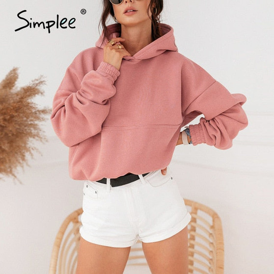 Simplee casual solid fleece women sweatshirt Long sleeve autumn winter women hoodies tops Fashion loose female shirt pull femme